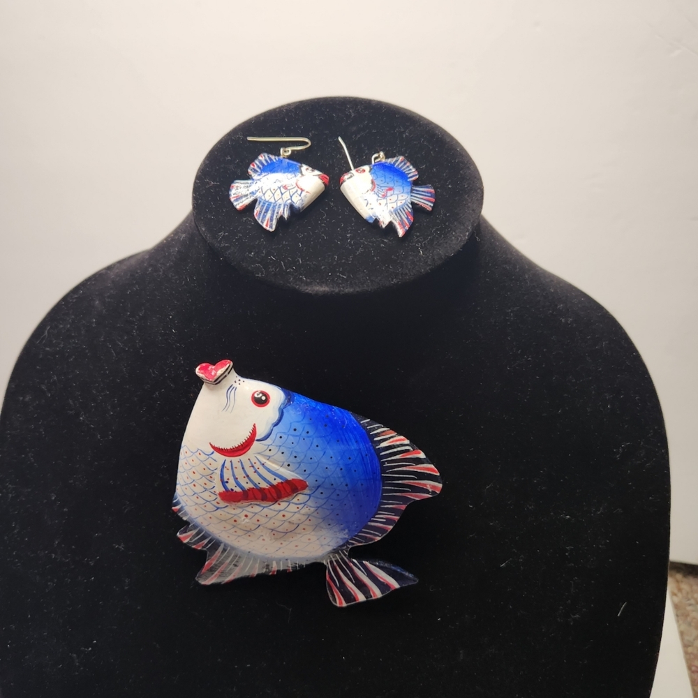 VINTAGE Hand Painted Fish Earrings and Brooch Set